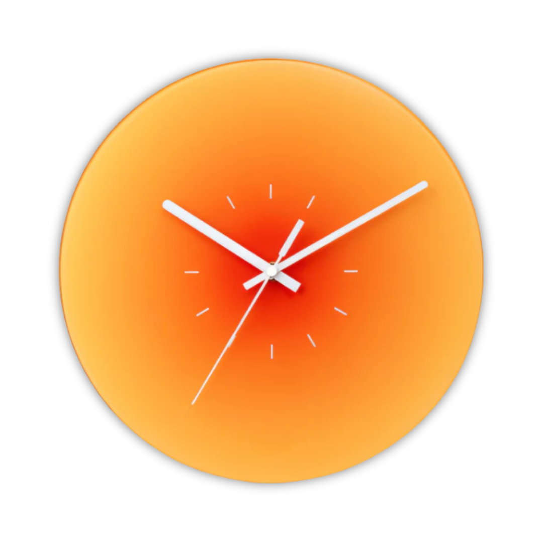 Sunset Gradient Glass Wall Clock – Silent Modern Tempered Glass Clock in Orange, Blue or Purple, With or Without Numbers