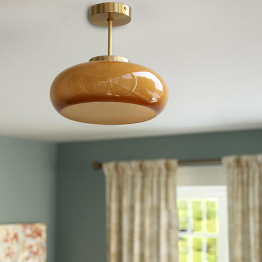 Vintage Brass Semi-Flush Ceiling Light with Yellow Glass Shade – Classic E26 Fixture in Brass or Electroplated Copper