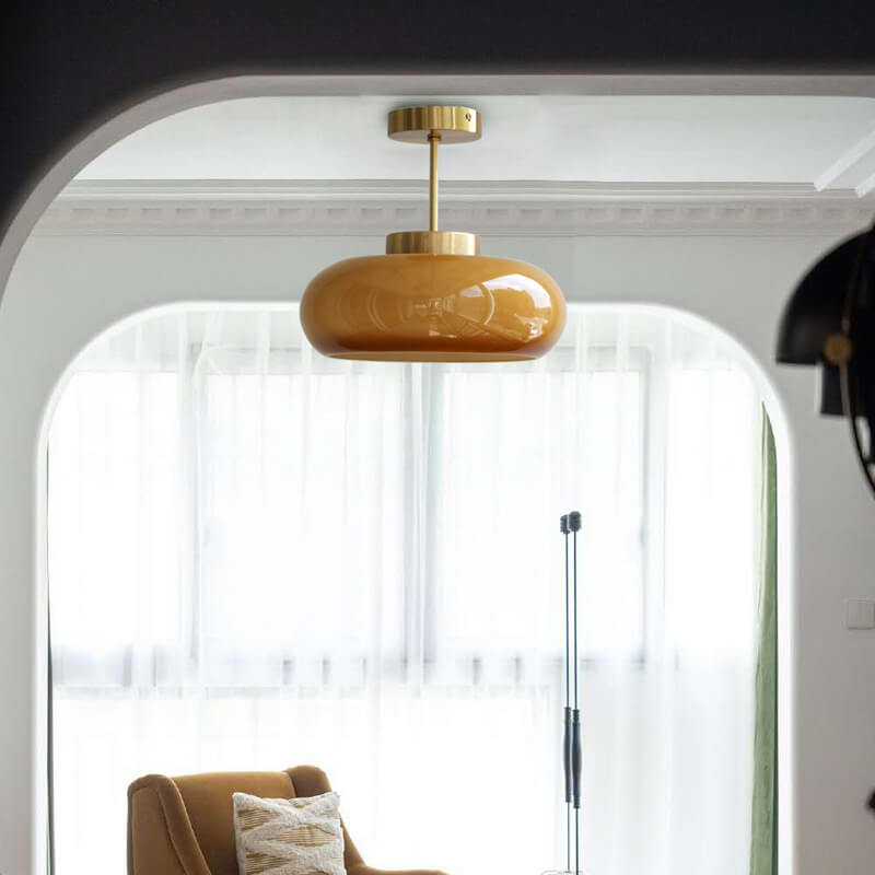 Vintage Brass Semi-Flush Ceiling Light with Yellow Glass Shade – Classic E26 Fixture in Brass or Electroplated Copper