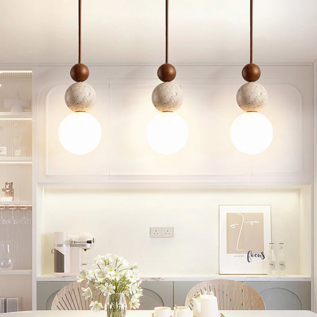 Cleonice Travertine, Wood & Frosted Glass Pendant Light – Handcrafted Natural Stone Hanging Lamp for Dining & Bedroom