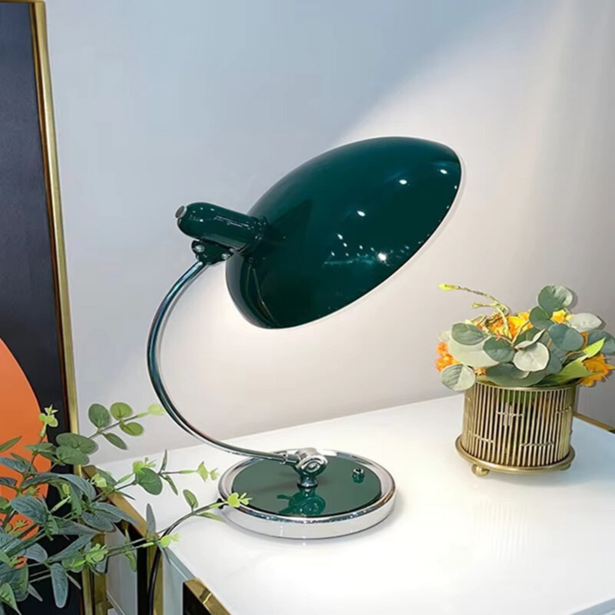 ScandiArc Bauhaus Table Lamp – Modern Curved Chrome Metal Desk Lamp, Sculptural Bedside Reading Light