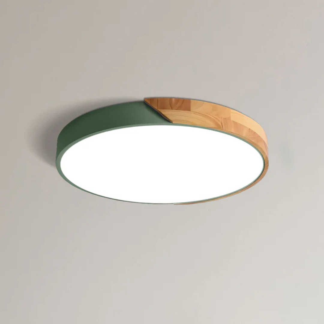 Modern Nordic LED Ceiling Light with Wood Accent – Flush Mount Dimmable Fixture for Bedroom, Living Room, Kitchen & Hallway