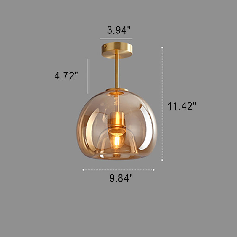 Nordic Glass Globe Semi-Flush Ceiling Light – Smoke Grey or Amber Glass Ball Fixture for Hallway, Bedroom & Living Room