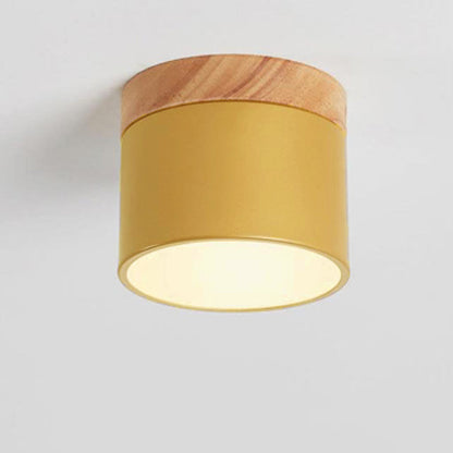 Scandinavian Macaron LED Ceiling Light with Wood Accent – Compact 7W 700 Lumen Flush Mount with 3-Color Light in 7 Colors