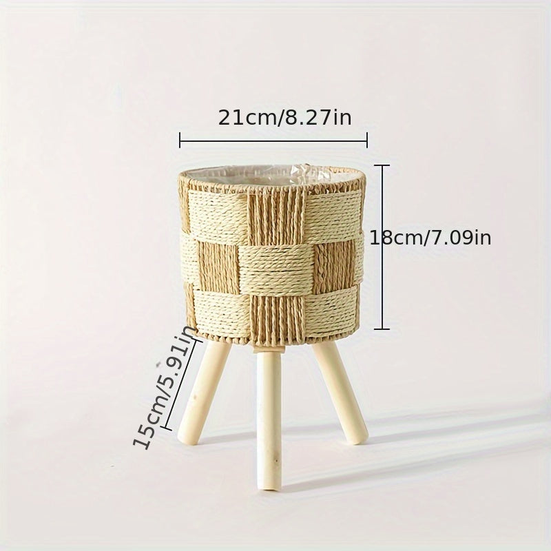 Boho Handwoven Bamboo Flower Stand – Rattan Planter Basket with Wooden Legs for Indoor Plants, 3 Sizes