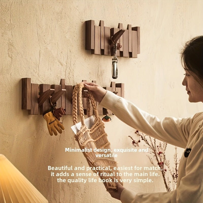 Foldable Piano Key Wooden Wall Hooks – Solid Wood 6-Hook Coat Rack, Space-Saving Entryway Hanger in Natural or Walnut