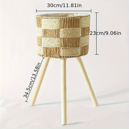 Boho Handwoven Bamboo Flower Stand – Rattan Planter Basket with Wooden Legs for Indoor Plants, 3 Sizes