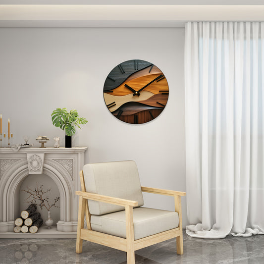 Artistic Round Wall Clock – Silent Non-Ticking 12 Inch Nordic Faux Wood Grain Clock for Living Room, Bedroom & Office