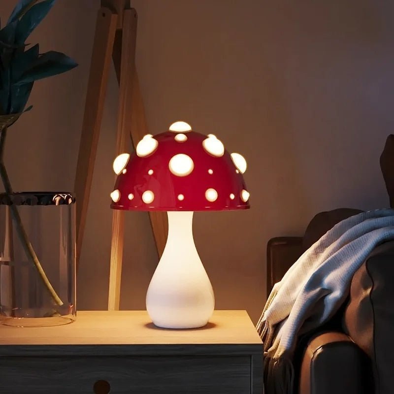 Amanita Mushroom LED Table Lamp – Glossy Red Toadstool Dimmable 2700K Night Light, Whimsical Decor for Bedroom & Desk