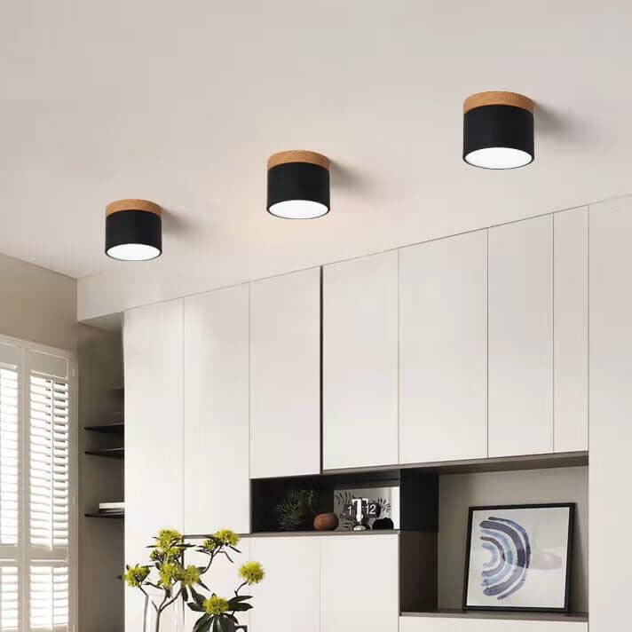 Scandinavian Macaron LED Ceiling Light with Wood Accent – Compact 7W 700 Lumen Flush Mount with 3-Color Light in 7 Colors
