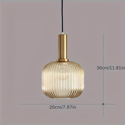 Modern Ribbed Glass Pendant Light – Striped Glass Shade with Polished Brass Finish, Kitchen Island & Dining Hanging Lamp