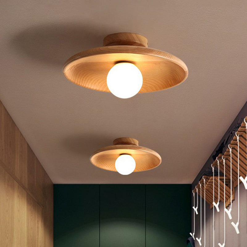 Modern Wooden Bowl Ceiling Light – Minimalist Semi-Flush Mount Fixture in Light or Dark Wood for Bedroom & Living Room