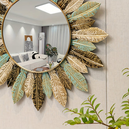Bohemian Sunburst Wall Mirror – Teal & Gold Metal Leaf Decorative Round Mirror for Living Room & Entryway