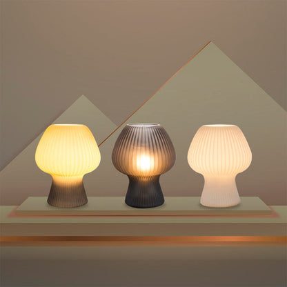 Vintage Ribbed Glass Mushroom Table Lamp – Dimmable Retro Bedside Lamp with Warm Glow for Bedroom, Desk & Reading Corner