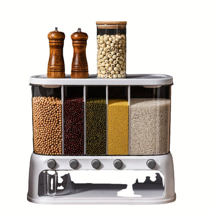 5-Compartment Airtight Grain Storage Container – Kitchen Pantry Organizer Dispenser for Rice, Beans, Cereal & Pasta with Flip Lid
