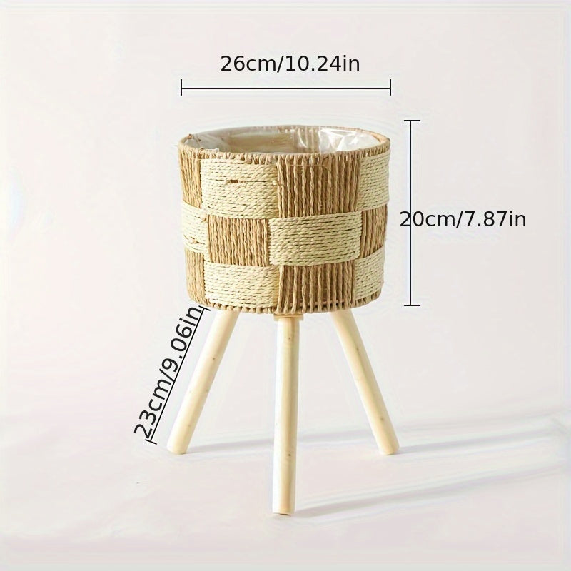Boho Handwoven Bamboo Flower Stand – Rattan Planter Basket with Wooden Legs for Indoor Plants, 3 Sizes