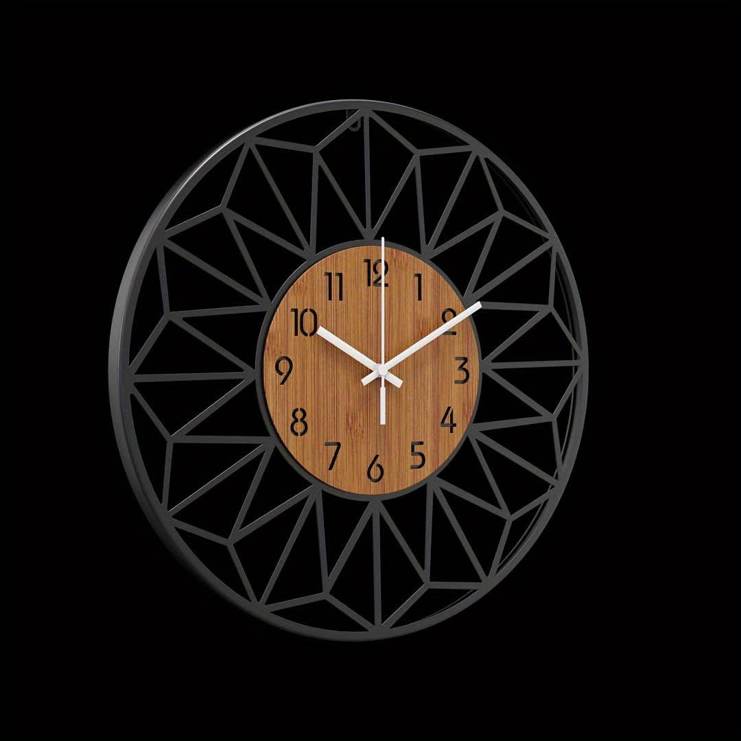 Modern Black Metal & Wood-Grain Wall Clock – Silent Non-Ticking Round Clock in 30, 34 or 40 cm for Living Room & Office