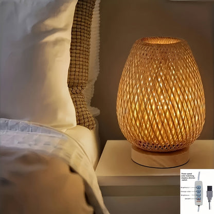 Handcrafted Woven Bamboo Bedside Lamp – Dimmable 3-Color USB Table Light with Natural Wood Base, Artisan Boho Lamp