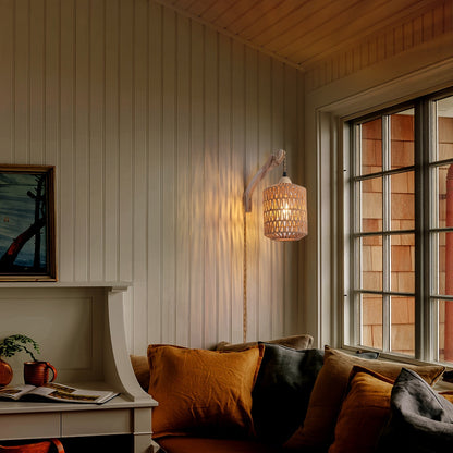Boho Wood & Rattan Plug-In Wall Lamp – Handwoven Wall Sconce with 280 cm Cord, No Hardwiring Needed, Rental-Friendly
