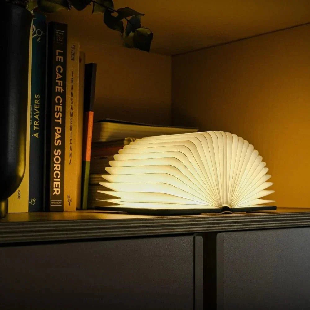 Lumibook Foldable Book Lamp – Rechargeable 360° Wooden LED Night Light, Portable Cordless Table Lamp