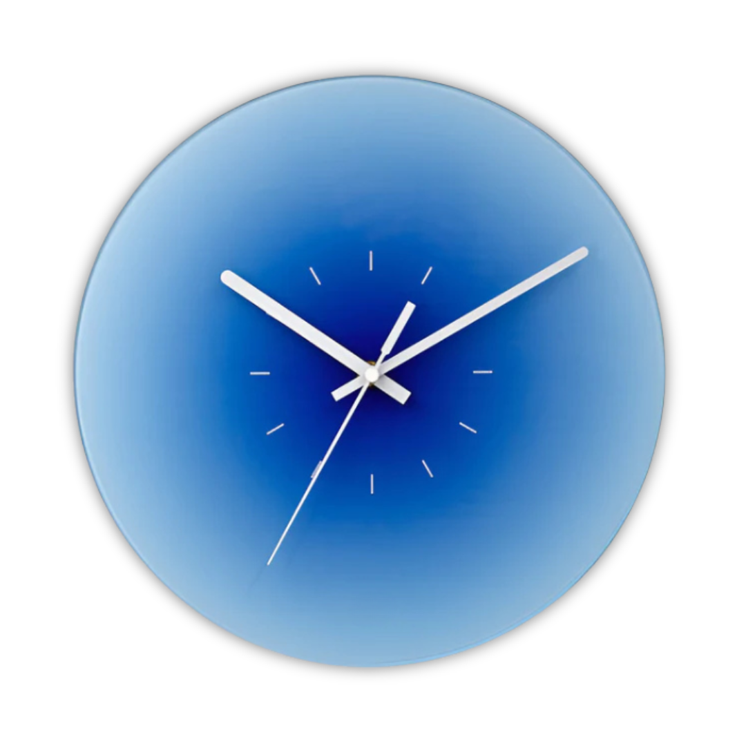 Sunset Gradient Glass Wall Clock – Silent Modern Tempered Glass Clock in Orange, Blue or Purple, With or Without Numbers