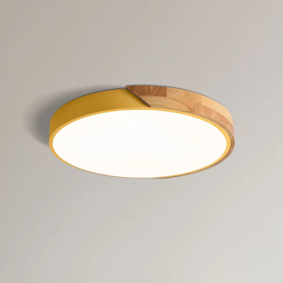 Modern Nordic LED Ceiling Light with Wood Accent – Flush Mount Dimmable Fixture for Bedroom, Living Room, Kitchen & Hallway