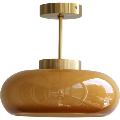 Vintage Brass Semi-Flush Ceiling Light with Yellow Glass Shade – Classic E26 Fixture in Brass or Electroplated Copper