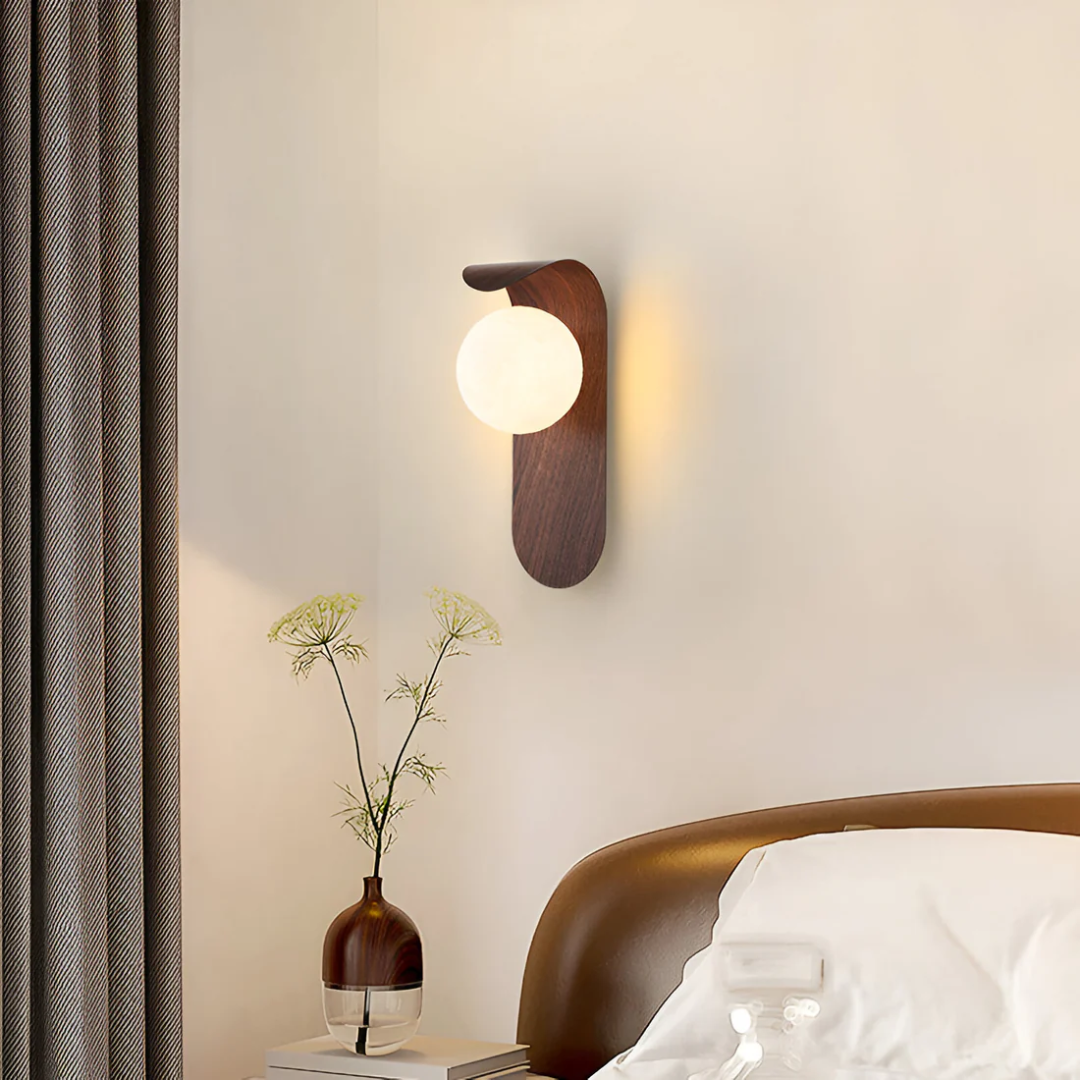 Icar Scandinavian LED Wall Lamp – Curved Wood & Frosted Glass Globe Wall Sconce, G9 Warm Light in Natural Wood or Walnut