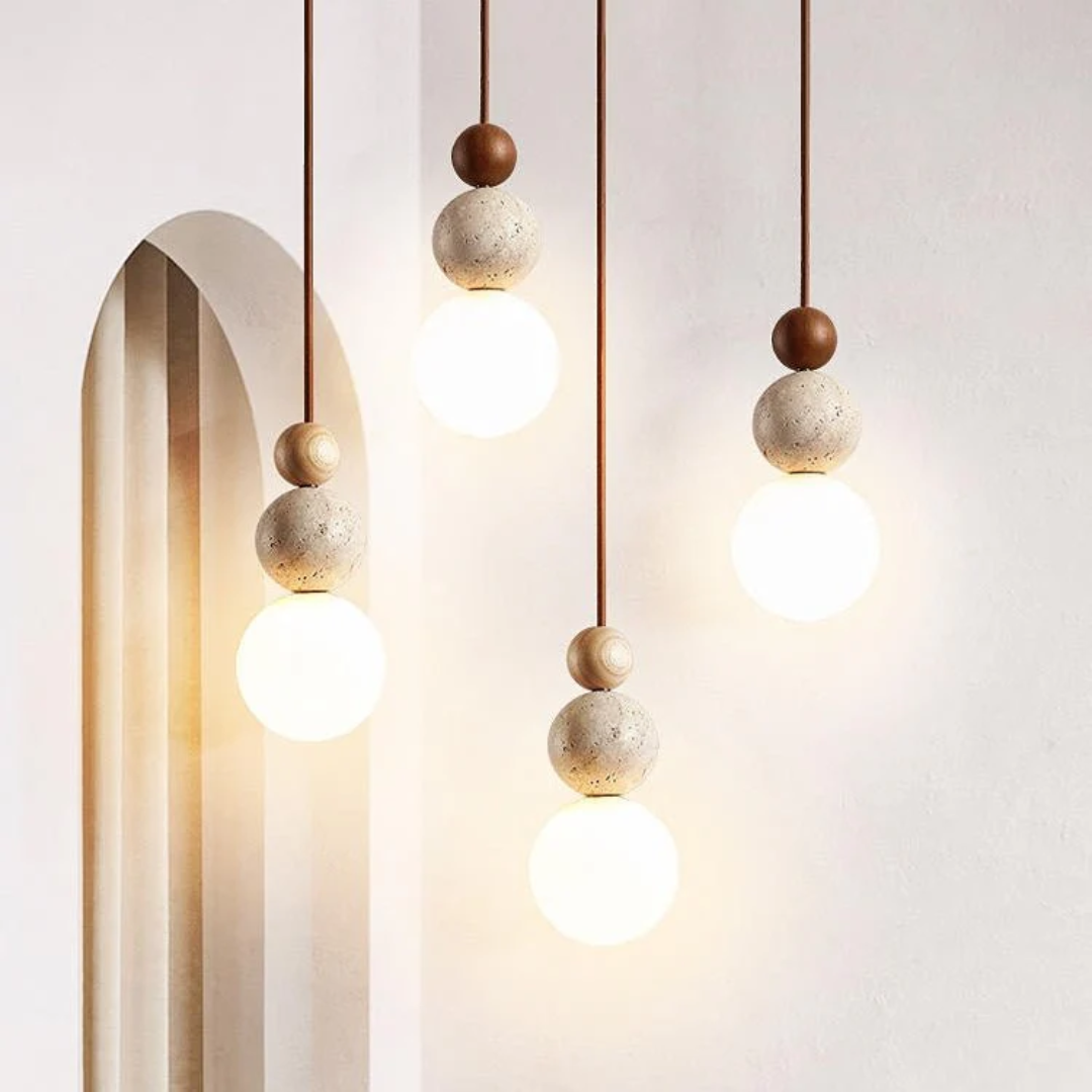 Cleonice Travertine, Wood & Frosted Glass Pendant Light – Handcrafted Natural Stone Hanging Lamp for Dining & Bedroom