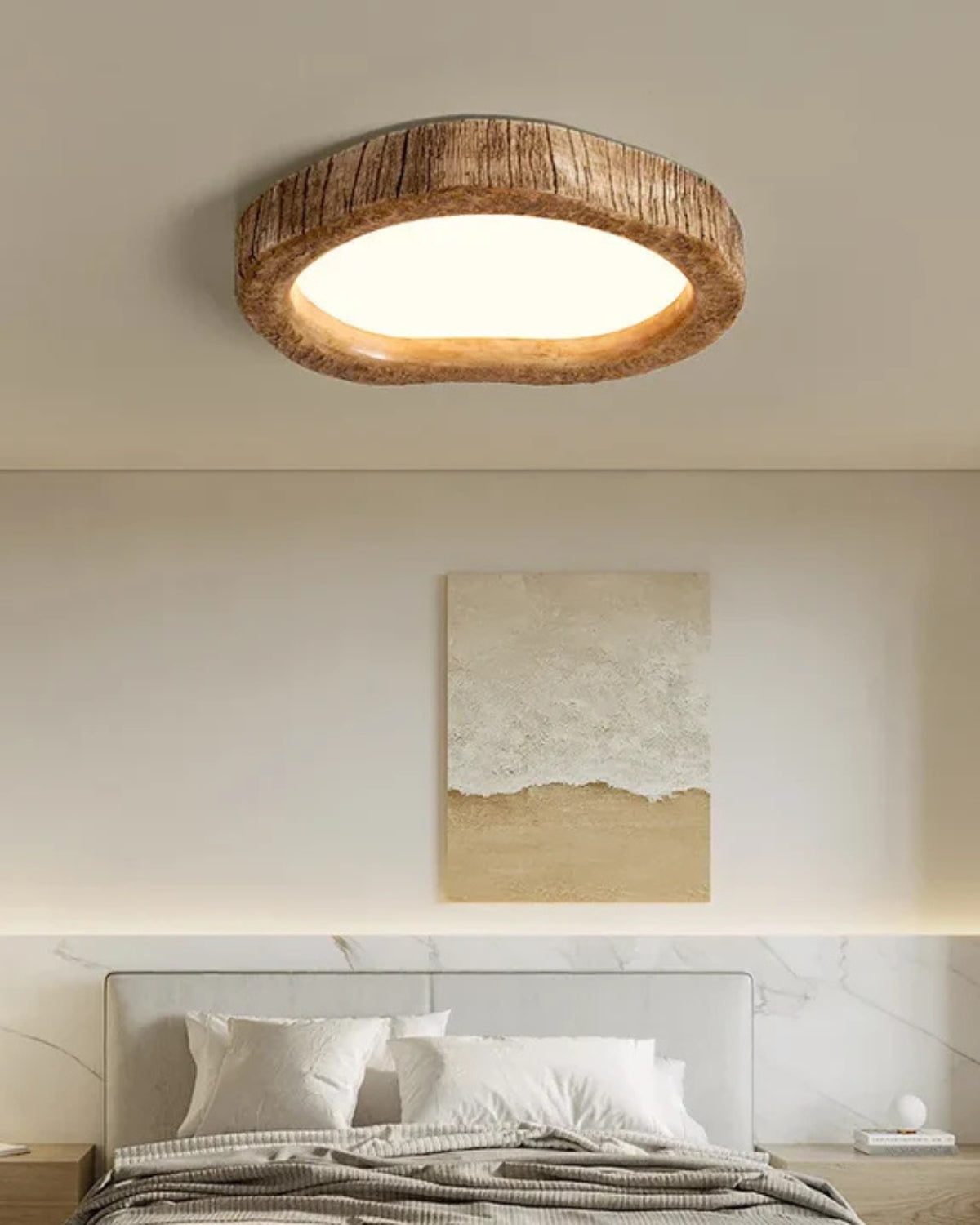 Le Halo Bois Wood-Effect LED Ceiling Light – Rustic Resin Flush Mount Lamp in S, M or L for Bedroom, Living Room & Hallway