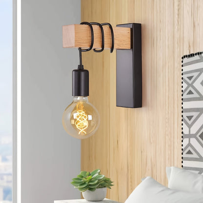 Modern Industrial Wood & Metal Wall Sconce – E27 Bedside Wall Lamp in Black or White for Hallway, Stairwell & Cafe