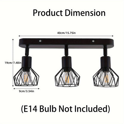 Vintage Industrial 3-Light Ceiling Spotlight – Adjustable Black Metal Cage Track Light Fixture for Kitchen, Hallway & Loft