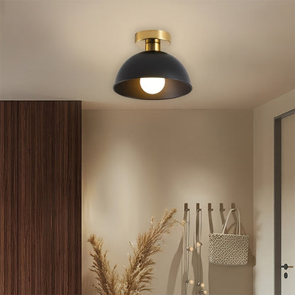 Compact Modern Semi-Flush Ceiling Lamp – Matte Metal Dome with Brass-Tone Details, 20 x 16 cm for Low Ceilings & Hallways