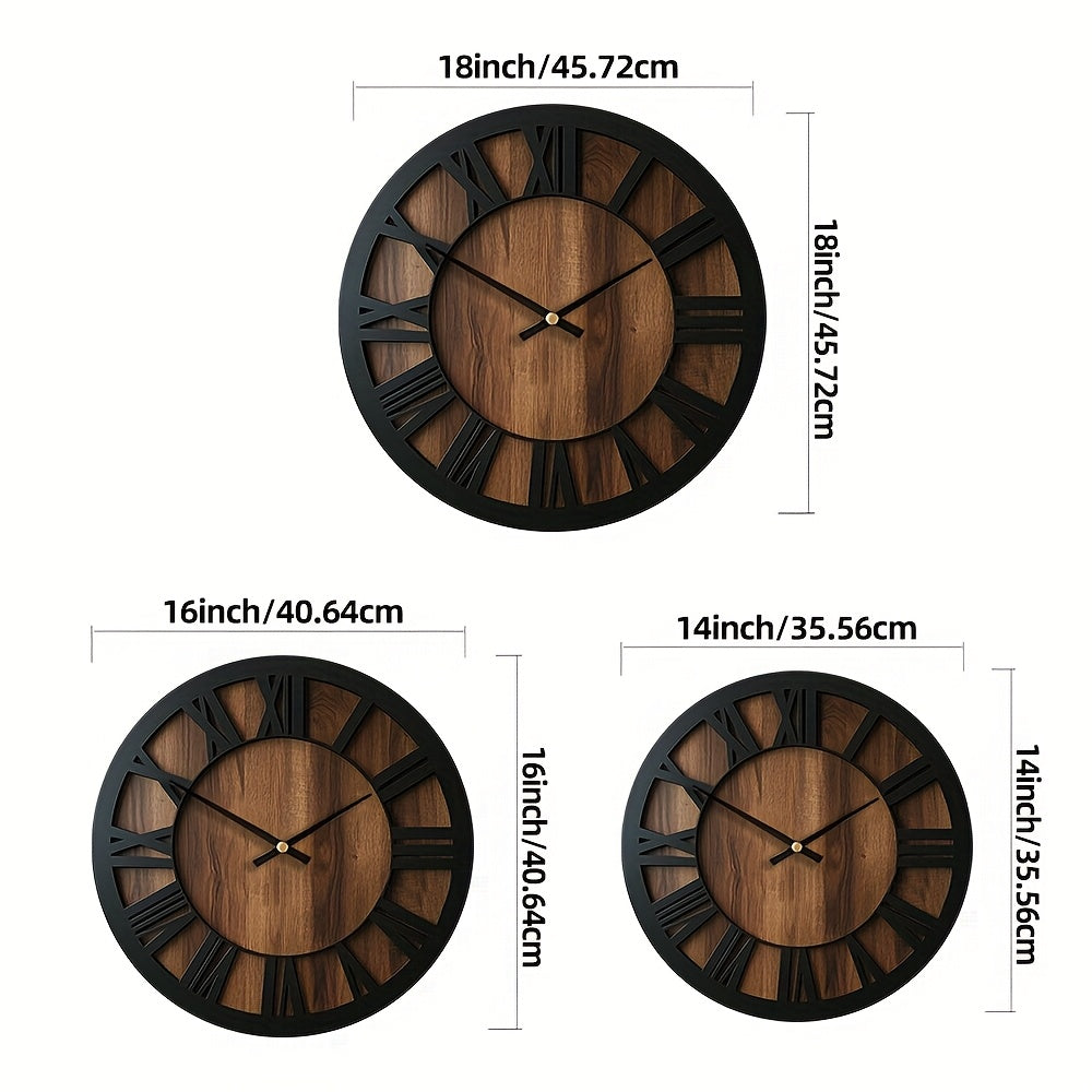 Vintage Wooden Roman Numeral Wall Clock – Large Silent Rustic Farmhouse Clock, 14, 16 or 18 Inch for Living Room & Kitchen