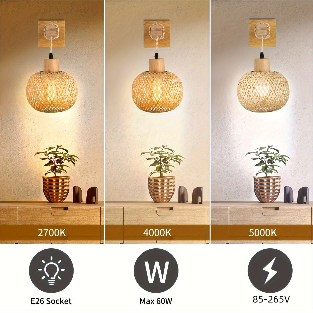 Rustic Handwoven Rattan & Solid Wood Wall Sconce – Natural Boho Wall Light Fixture for Bedroom, Hallway & Dining Room
