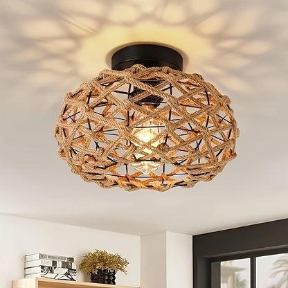 Bohemian Handwoven Hemp Rope Ceiling Light – Rustic Flush Mount Fixture with Patterned Shadows for Bedroom & Living Room