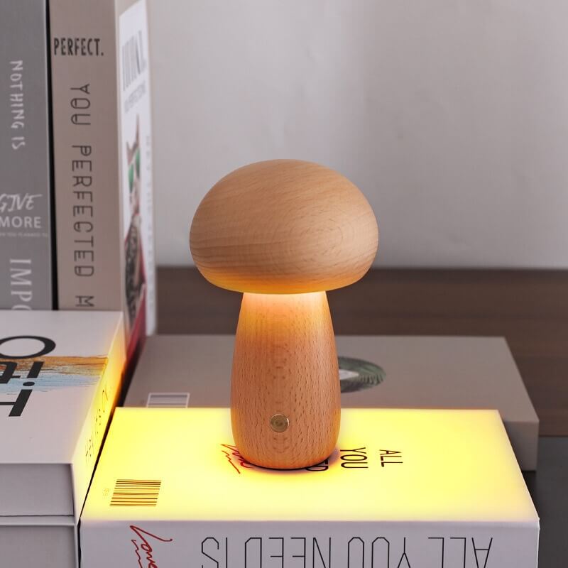 Portobello Natural Wood Mushroom Lamp – Rechargeable Touch-Dimmable Bedside Night Light, 6-8 Hour Battery, Walnut or Wood