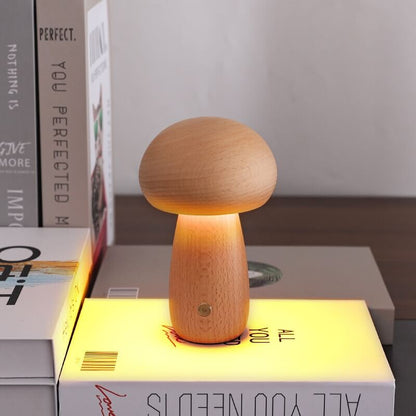 Portobello Natural Wood Mushroom Lamp – Rechargeable Touch-Dimmable Bedside Night Light, 6-8 Hour Battery, Walnut or Wood