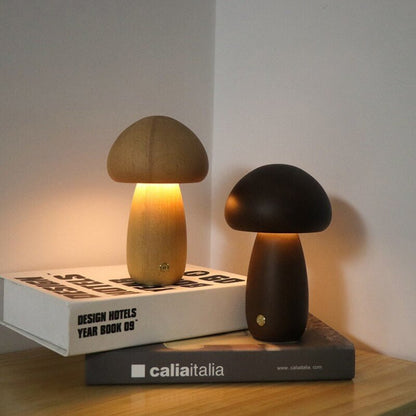 Portobello Natural Wood Mushroom Lamp – Rechargeable Touch-Dimmable Bedside Night Light, 6-8 Hour Battery, Walnut or Wood