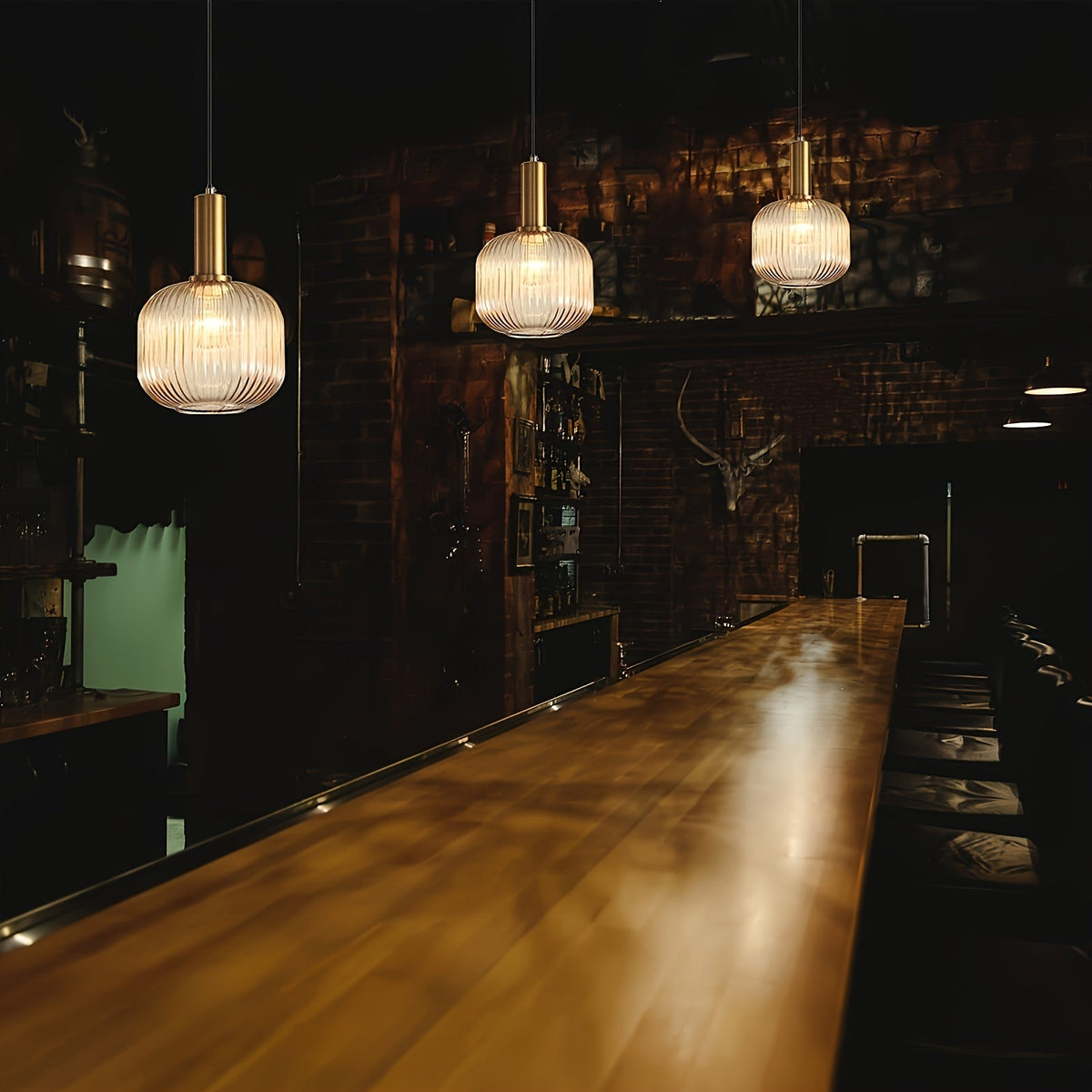 Modern Ribbed Glass Pendant Light – Striped Glass Shade with Polished Brass Finish, Kitchen Island & Dining Hanging Lamp