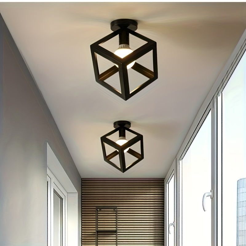 Modern Geometric Open Cube Ceiling Light – Industrial Metal Semi-Flush Mount Fixture for Living Room, Hallway & Office