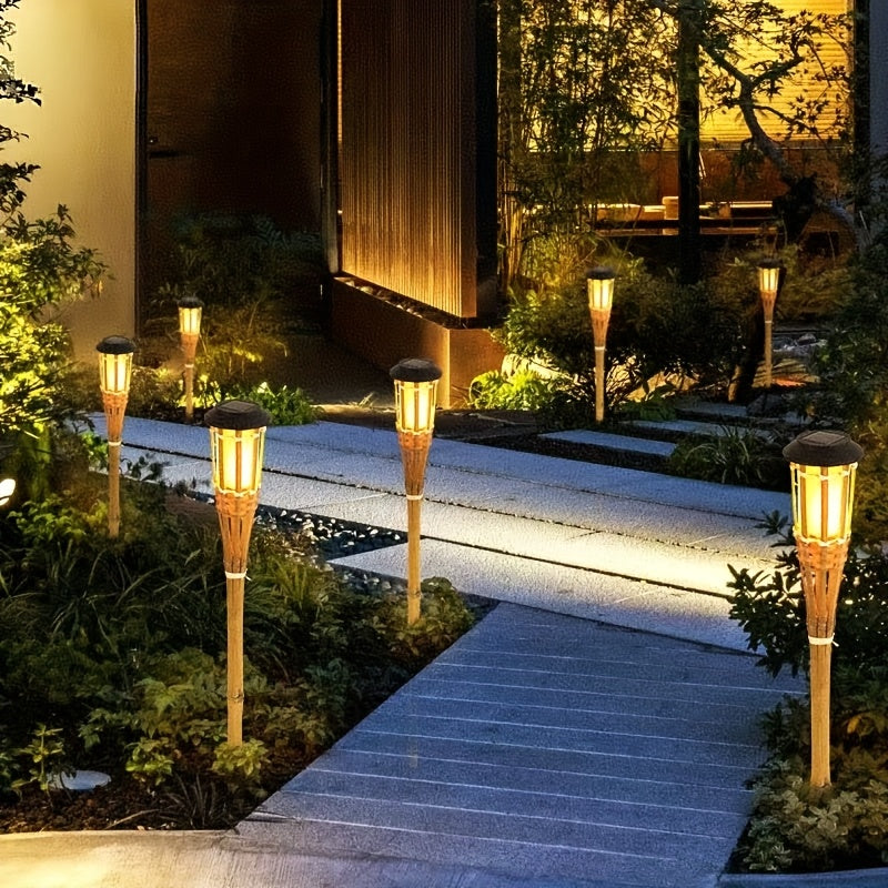 Solar Bamboo Flame Torch Lanterns 2-Pack – 12-LED Flickering Flame Outdoor Garden Lights, Auto On Dusk to Dawn, Tiki Style