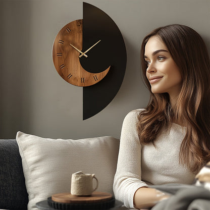 Modern Half-Moon Wooden Wall Clock – Silent Battery Operated Natural Wood & Black Clock, 17 to 22 Inch Statement Decor