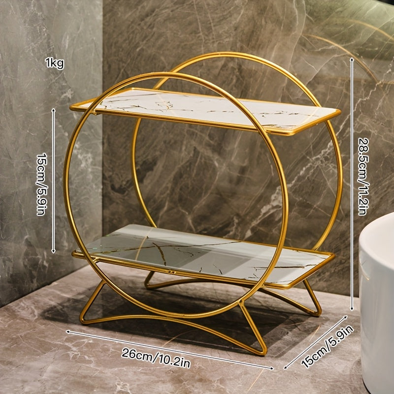2-Tier Bathroom Organizer with Cat-Ear Base – Metal & Marble-Look Cosmetic, Perfume and Skincare Storage Shelf for Vanity