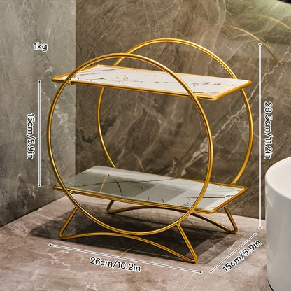 2-Tier Bathroom Organizer with Cat-Ear Base – Metal & Marble-Look Cosmetic, Perfume and Skincare Storage Shelf for Vanity