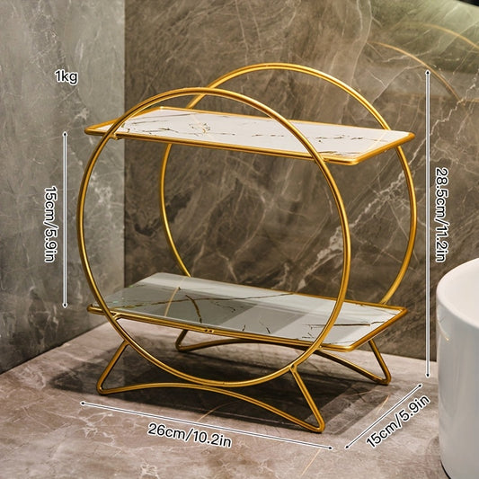 2-Tier Bathroom Organizer with Cat-Ear Base – Metal & Marble-Look Cosmetic, Perfume and Skincare Storage Shelf for Vanity