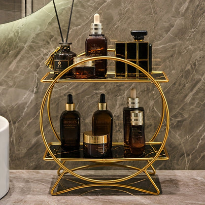 2-Tier Bathroom Organizer with Cat-Ear Base – Metal & Marble-Look Cosmetic, Perfume and Skincare Storage Shelf for Vanity