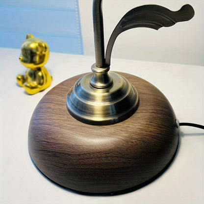 Vintage Gooseneck Table Lamp – Antique Brass USB Bedside Light with Floral Glass Shade, Classic Reading Lamp