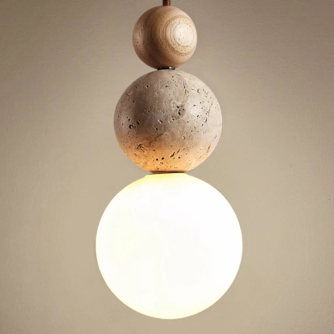 Cleonice Travertine, Wood & Frosted Glass Pendant Light – Handcrafted Natural Stone Hanging Lamp for Dining & Bedroom