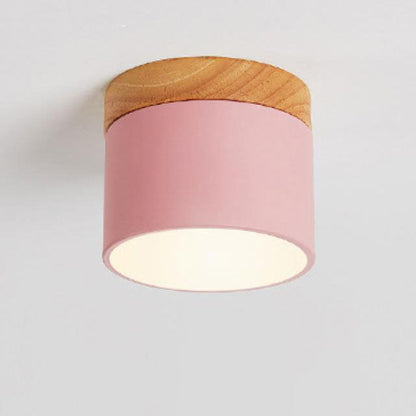 Scandinavian Macaron LED Ceiling Light with Wood Accent – Compact 7W 700 Lumen Flush Mount with 3-Color Light in 7 Colors